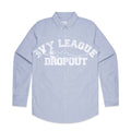 Light blue button-up shirt with 'Ivy League Dropout' 