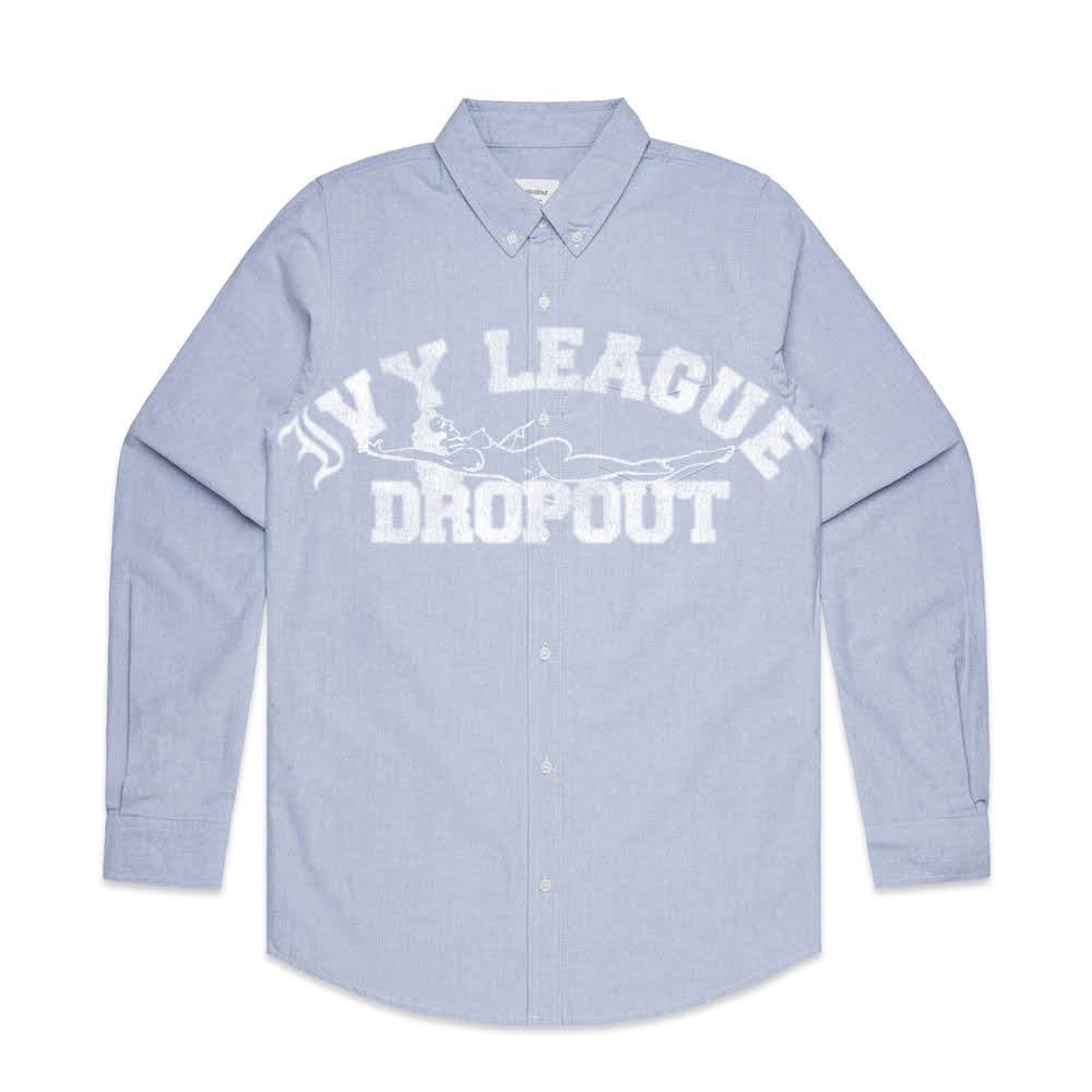 Light blue button-up shirt with 'Ivy League Dropout' 